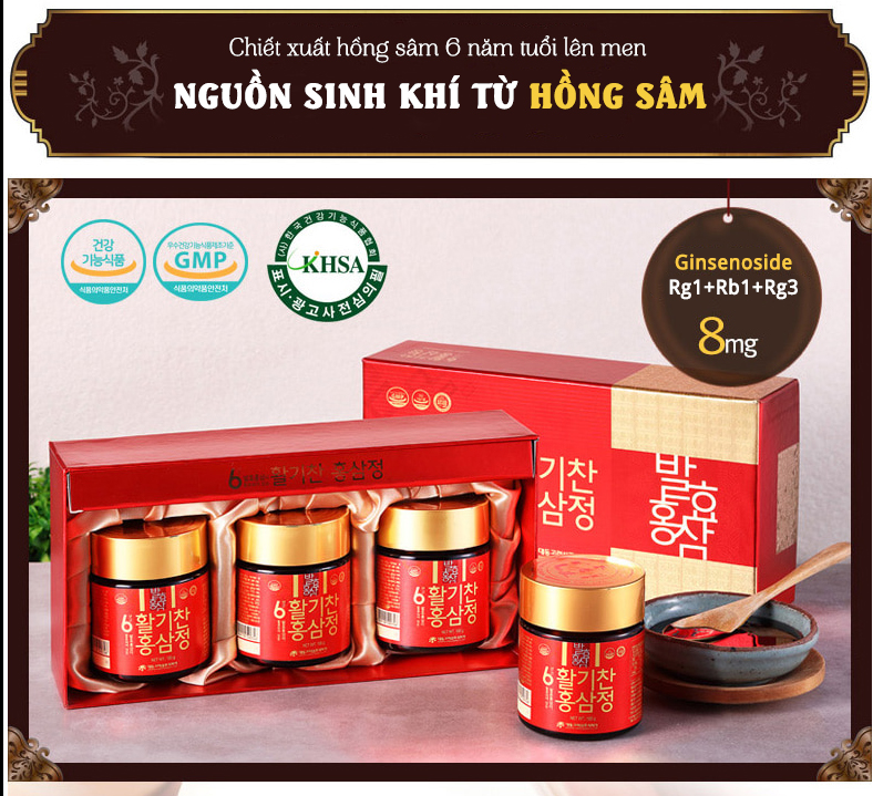 Nguồn sinh khí từ hồng sâm lên men 6 năm tuổi với hàm lượng Rg1, Rb1, Rg3 Cao rất tốt cho sức khỏe.