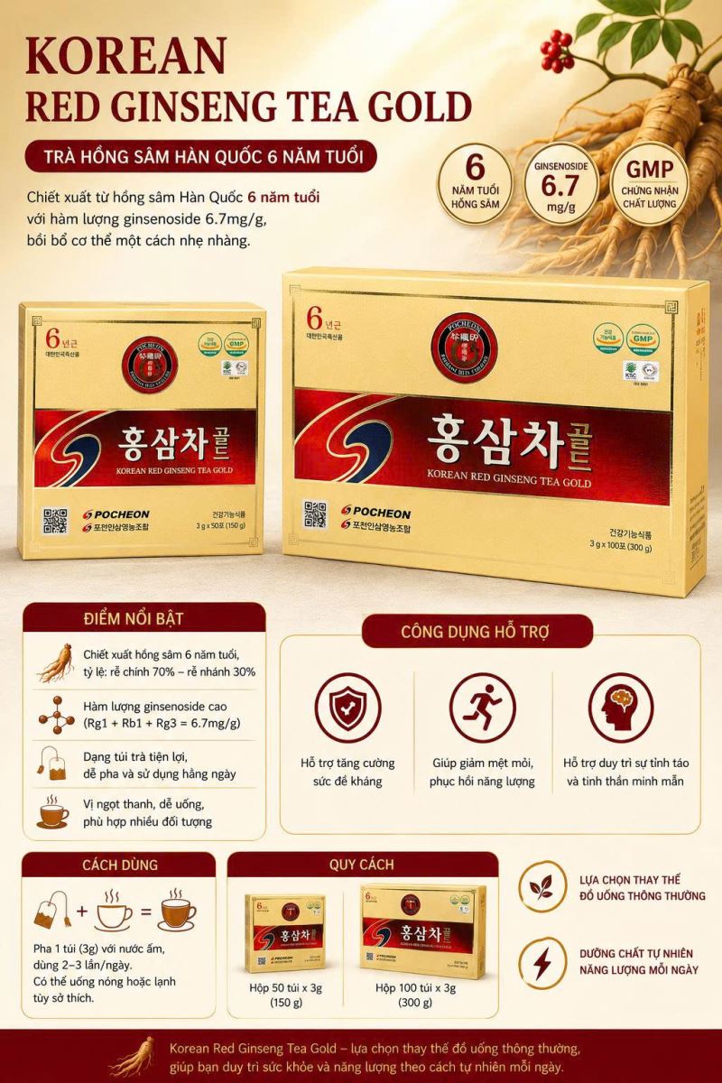Trà hồng sâm Pocheon Ginseng Tea Gold 100 gói chính hãng