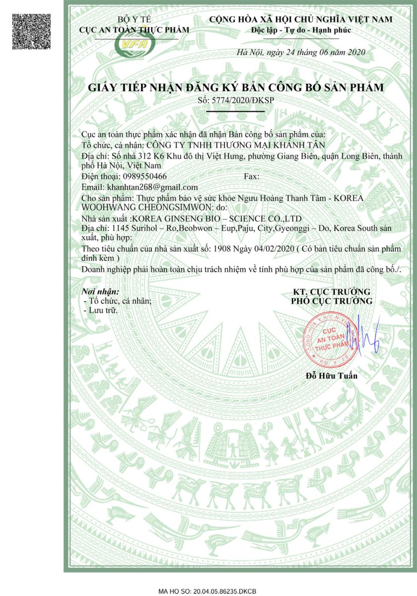 Công bố sản phẩm Ngưu hoàng thanh tâm Woo Hwang Chung Sim Won 10 viên